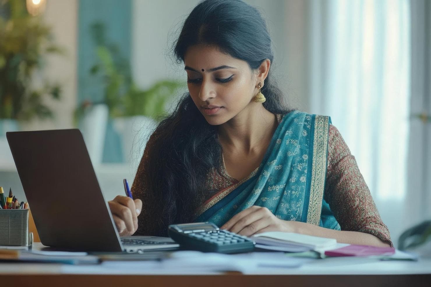 Student planning education finances on laptop